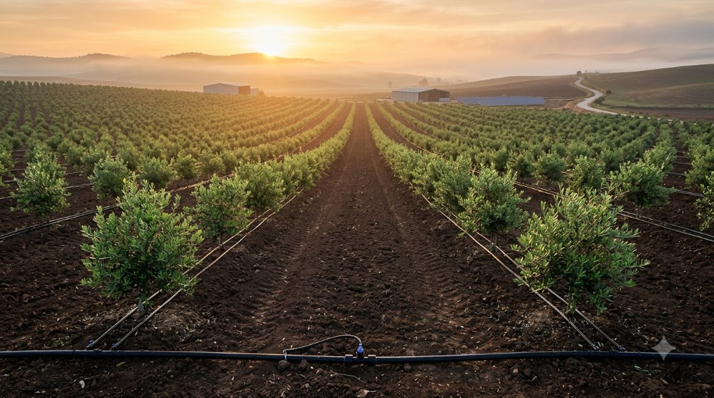Drip irrigation field under sunlight