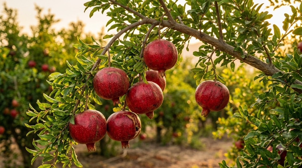 Ripe pomegranates hanging from tree branch under golden sunlight